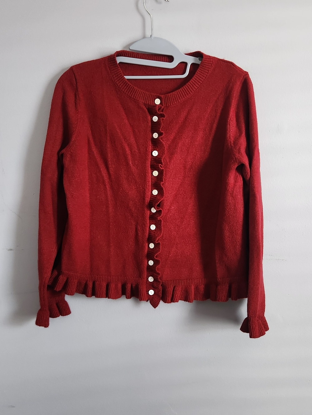 Red Ruffle-Trim Button Cardigan